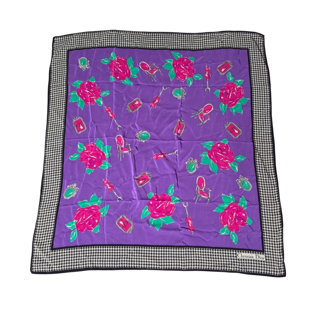 Christian Dior Scarf Women OS Purple Rose Houndstooth Silk Square Floral Vintage